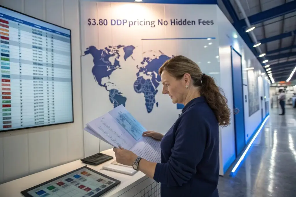 Business discussion highlighting $3.80 DDP pricing with no hidden fees for customizable apparel solutions