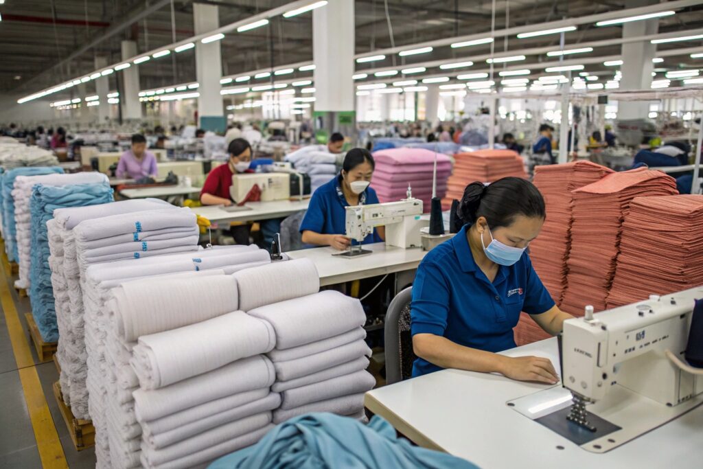 Garment factory workers sewing high-quality apparel