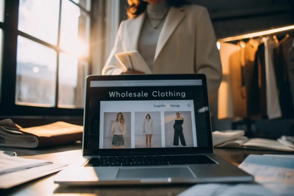 Laptop screen displaying a modern wholesale clothing e-commerce platform