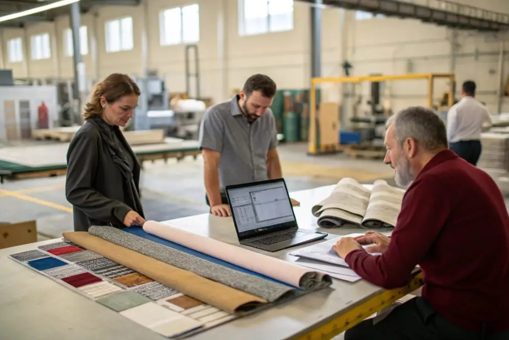 Designer inspecting fabric samples for quality