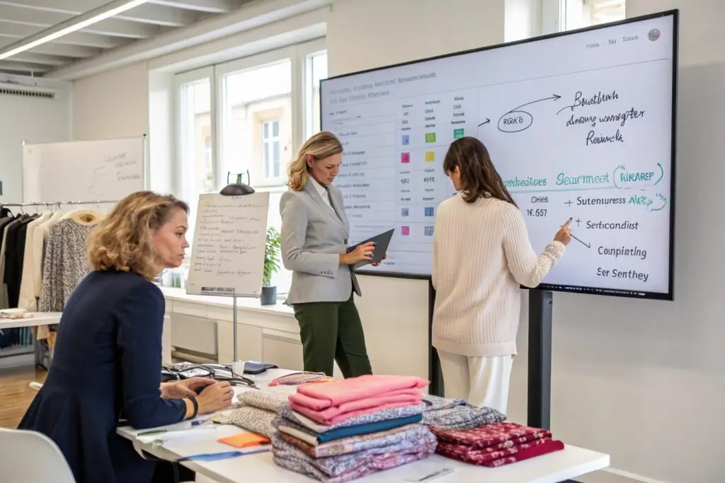 Fashion team strategizing clothing production and trends