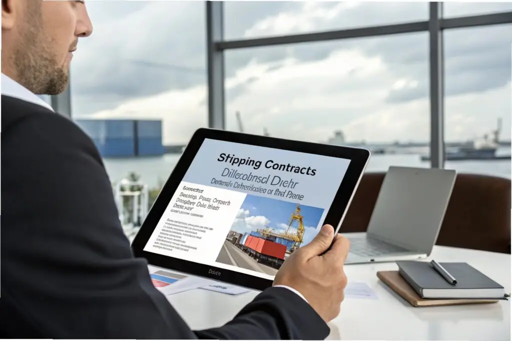 Logistics professional reviewing shipping contracts on a tablet with a port view