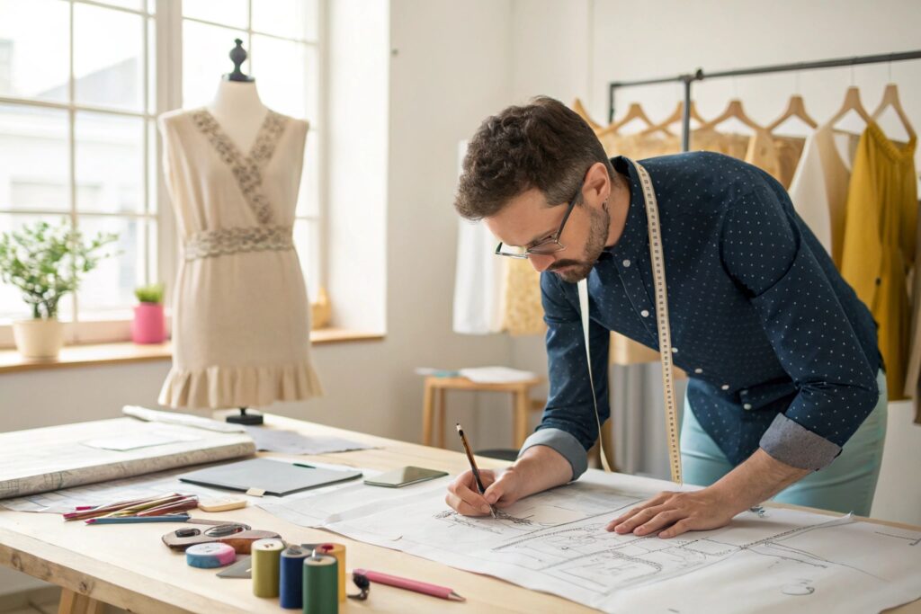 Professional fashion designer sketching new clothing designs