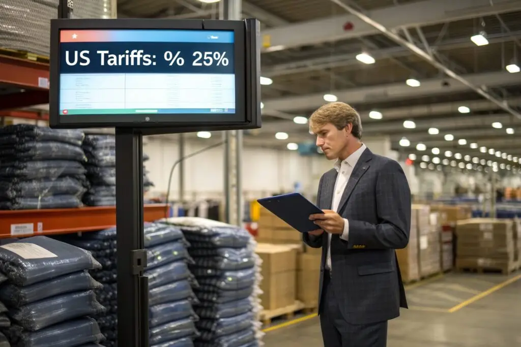 Professional reviewing US tariff impact on apparel