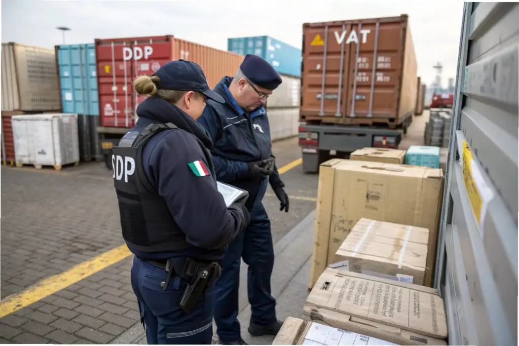 Customs officers inspecting incoming shipment with DDP and VAT containers in the background