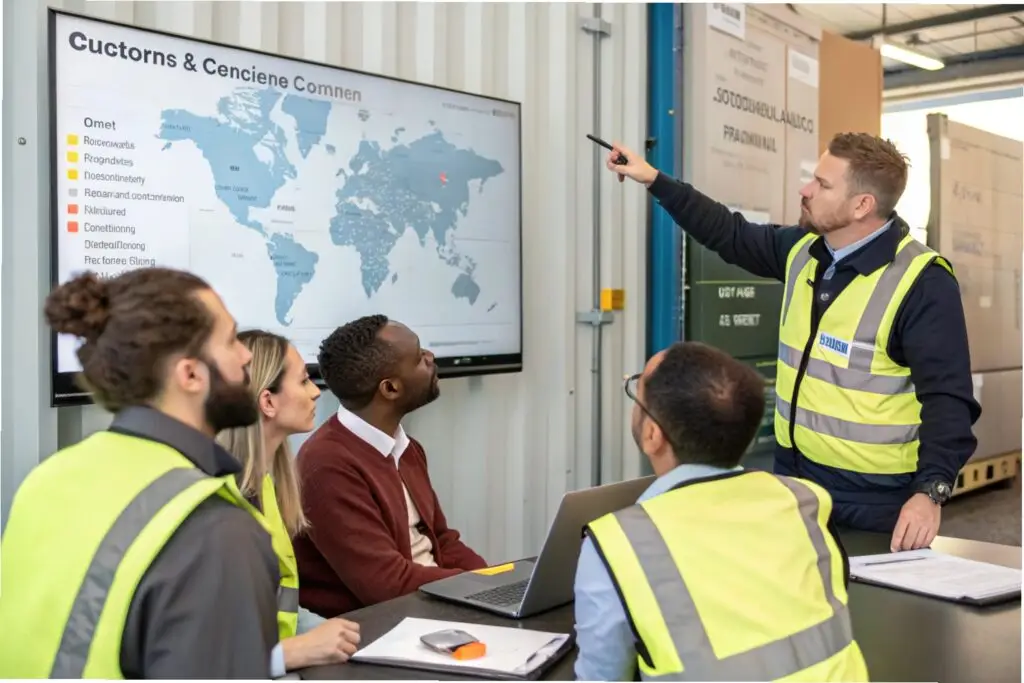 Logistics team in a meeting discussing customs and tariffs with a world map display
