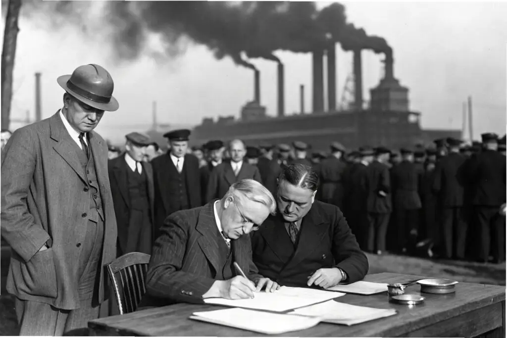 Businessmen signing a contract with smokestacks in the background