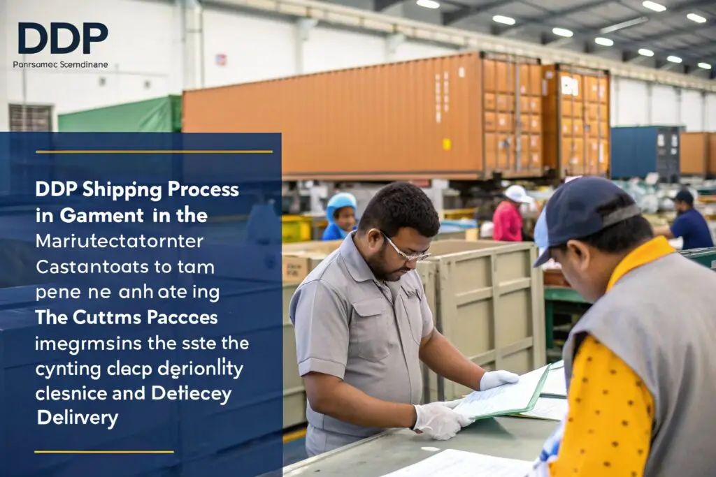Workers in a garment warehouse discussing DDP shipping process with containers in the background