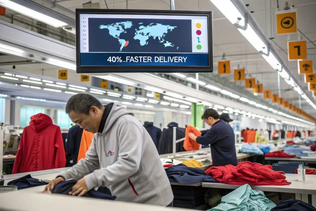 Workers inspecting and folding garments in a clothing factory
