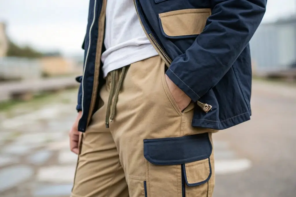 Close-up of cargo pants with flap pockets
