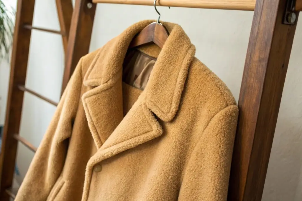 Cozy beige wool coat on hanger, showing soft texture and stylish collar