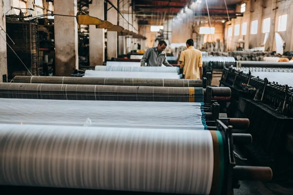 Large textile production factory with industrial fabric weaving machines