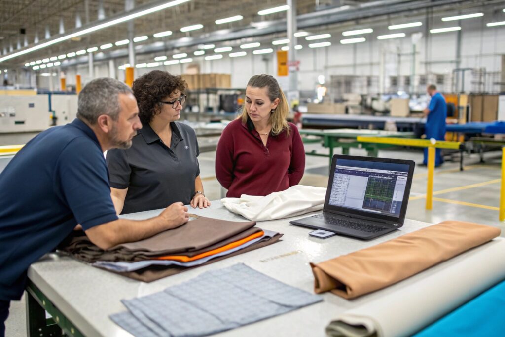 Textile professionals discussing fabric selection