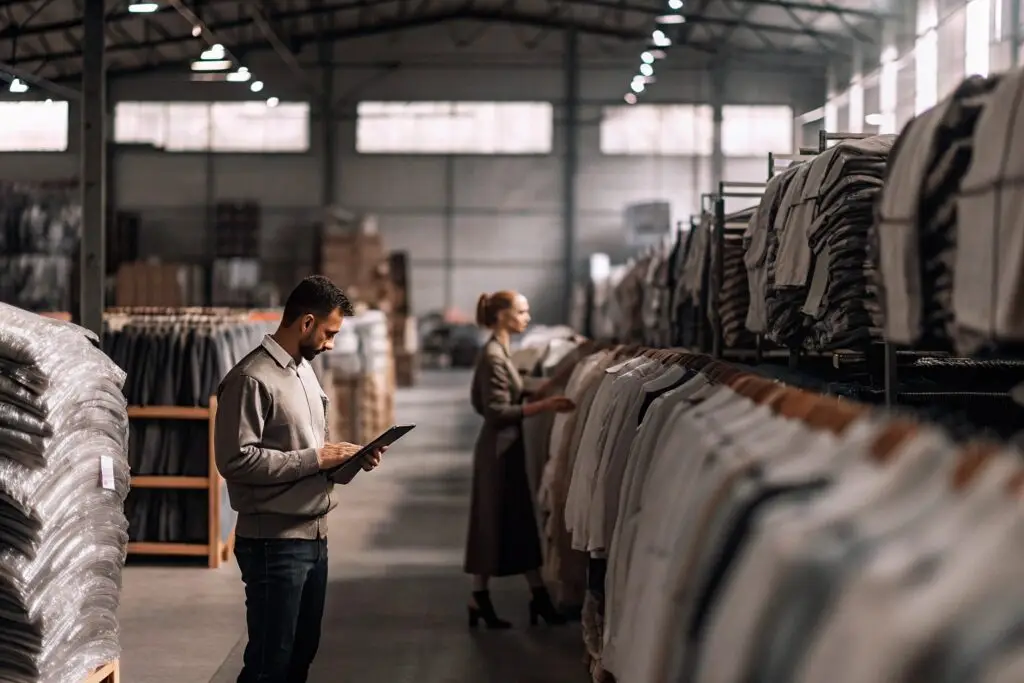 Large warehouse filled with racks of neatly packed clothing for wholesale