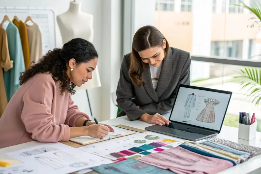 Fashion designers creating new clothing sketches
