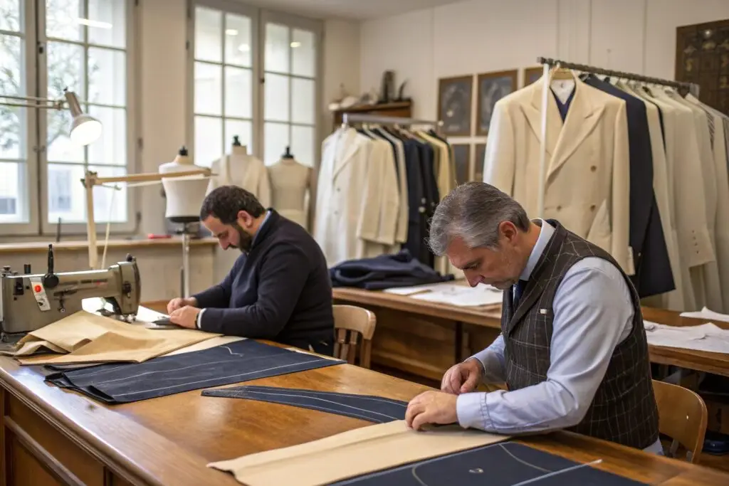 Skilled tailors crafting bespoke suits in a workshop