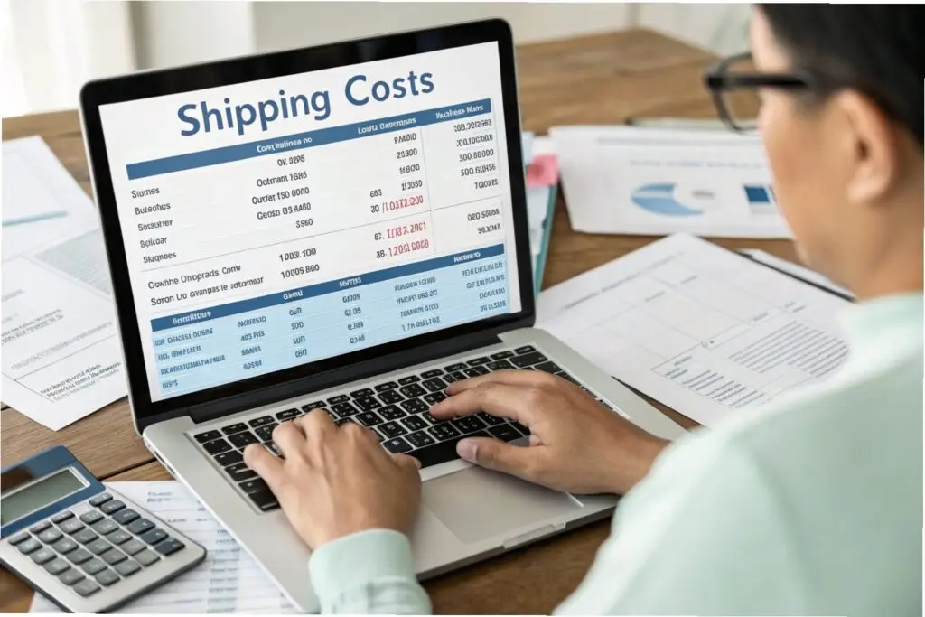 Business owner calculating shipping costs on a laptop with a spreadsheet