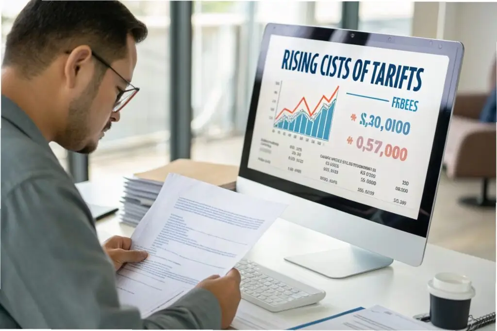 Business owner reviewing financial reports showing rising costs of tariffs