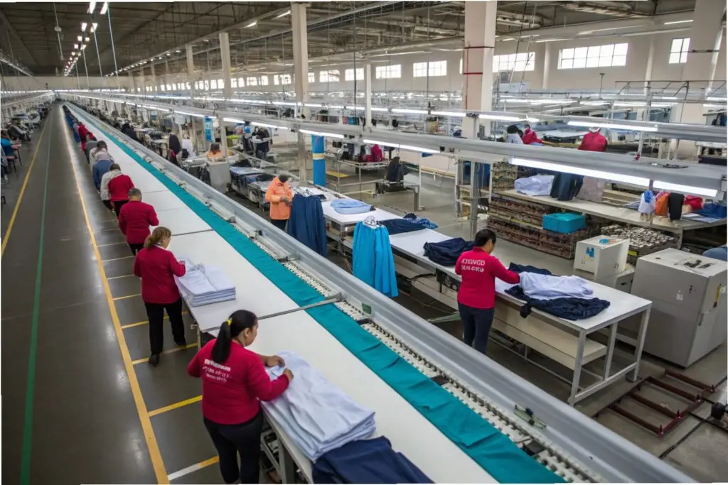 Modern clothing factory with workers