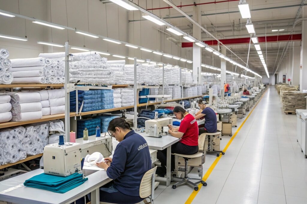 Modern clothing factory with skilled workers sewing garments