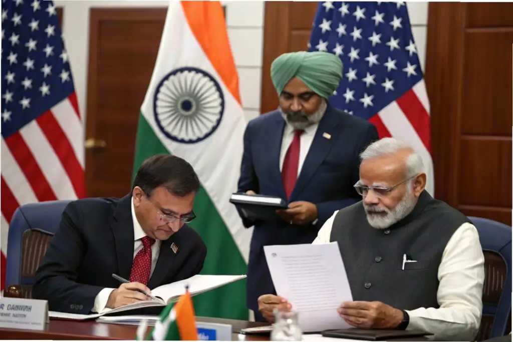 India and U.S. officials signing an agreement with flags in the background