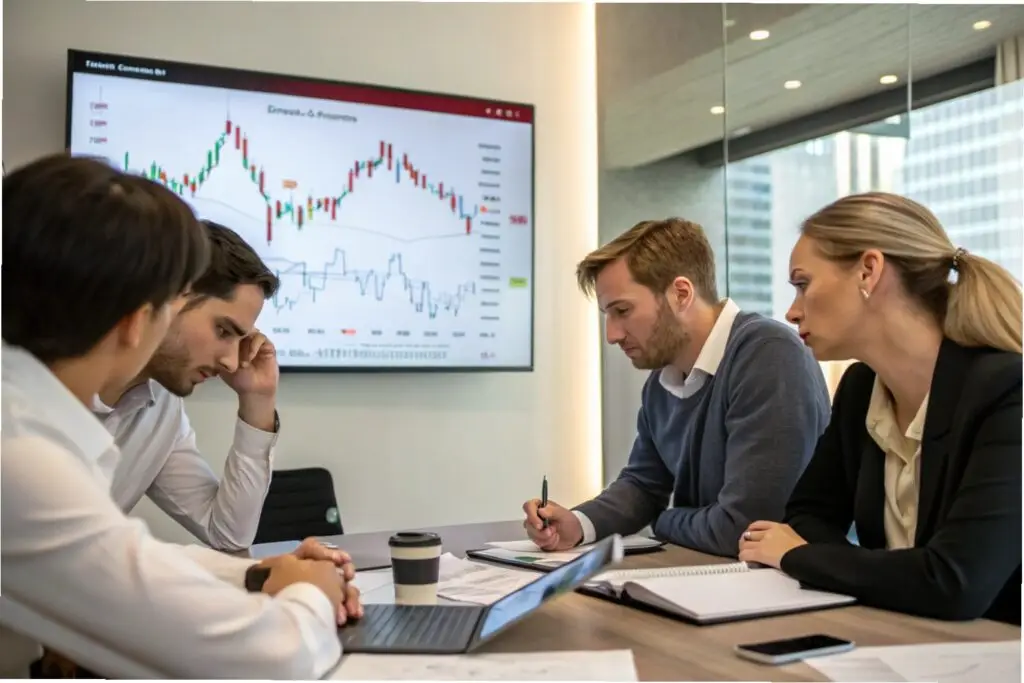 Business team analyzing charts and discussing the impact of tariffs on sales