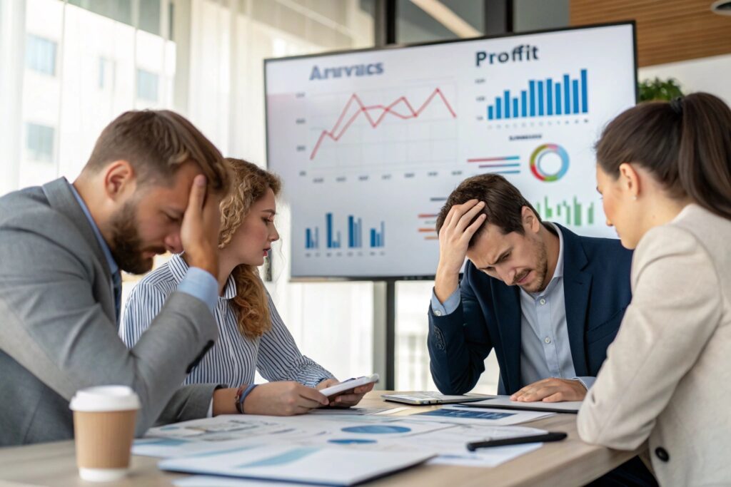 Business team discussing financial struggles with profit and revenue charts