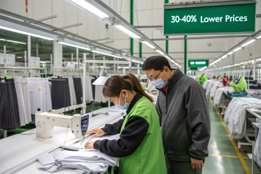 Garment workers sewing and inspecting clothing in a factory