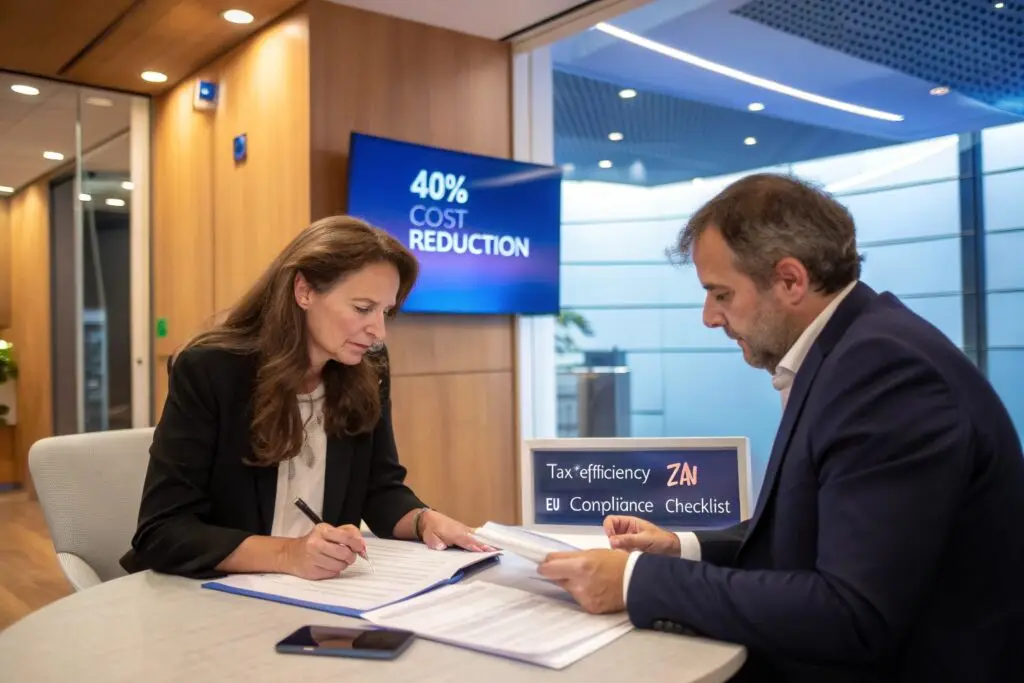 Business professionals discussing cost reduction strategy