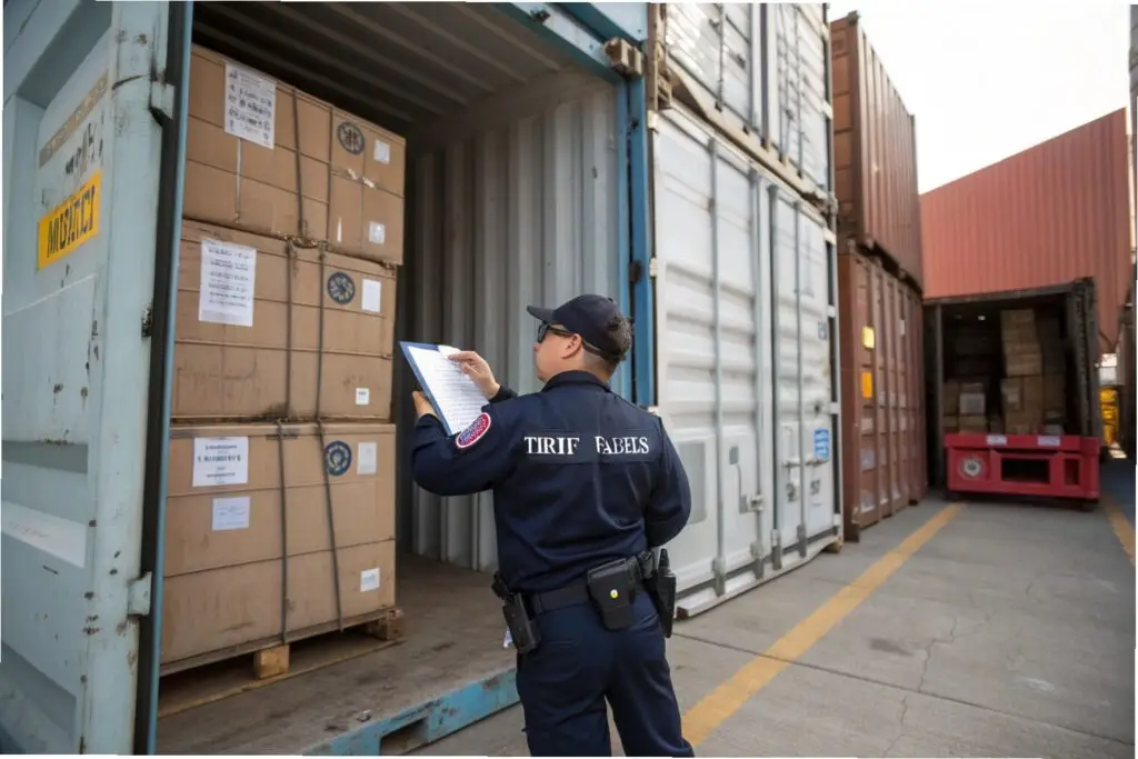 U.S. customs officer inspecting shipping container with tariff labels
