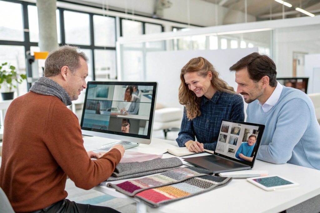 Fashion business meeting discussing fabric samples