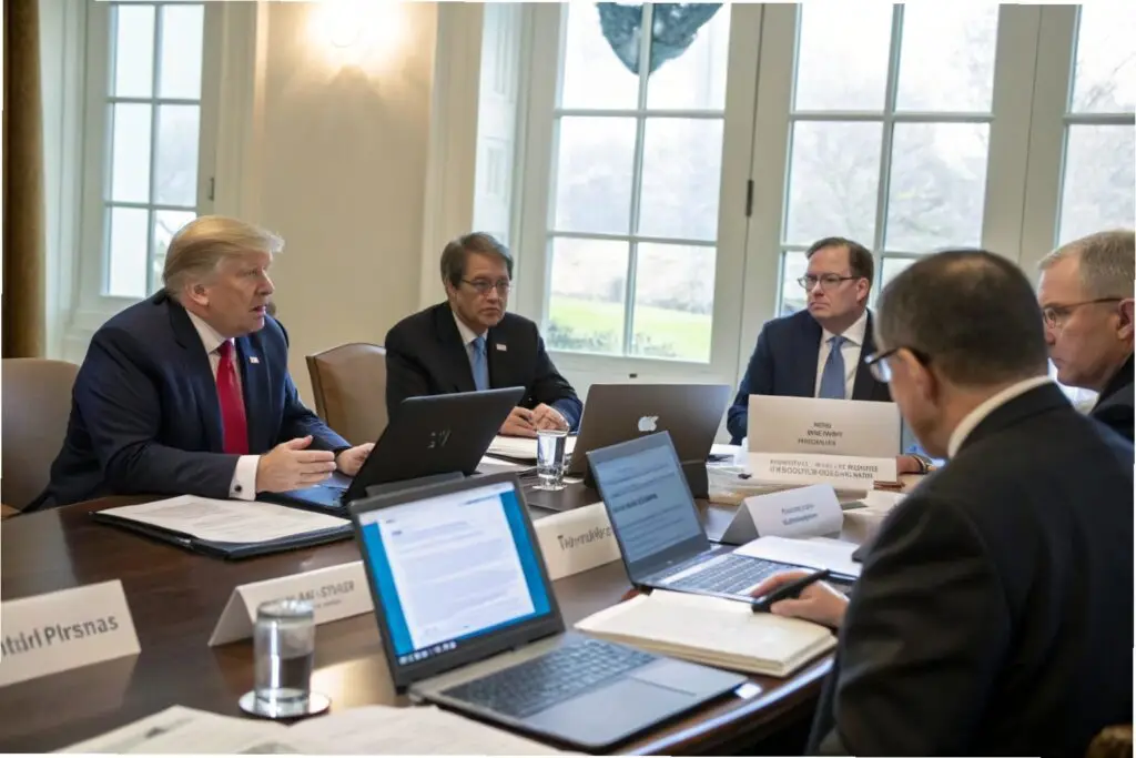 Leaders discussing trade balance between protectionism and free trade