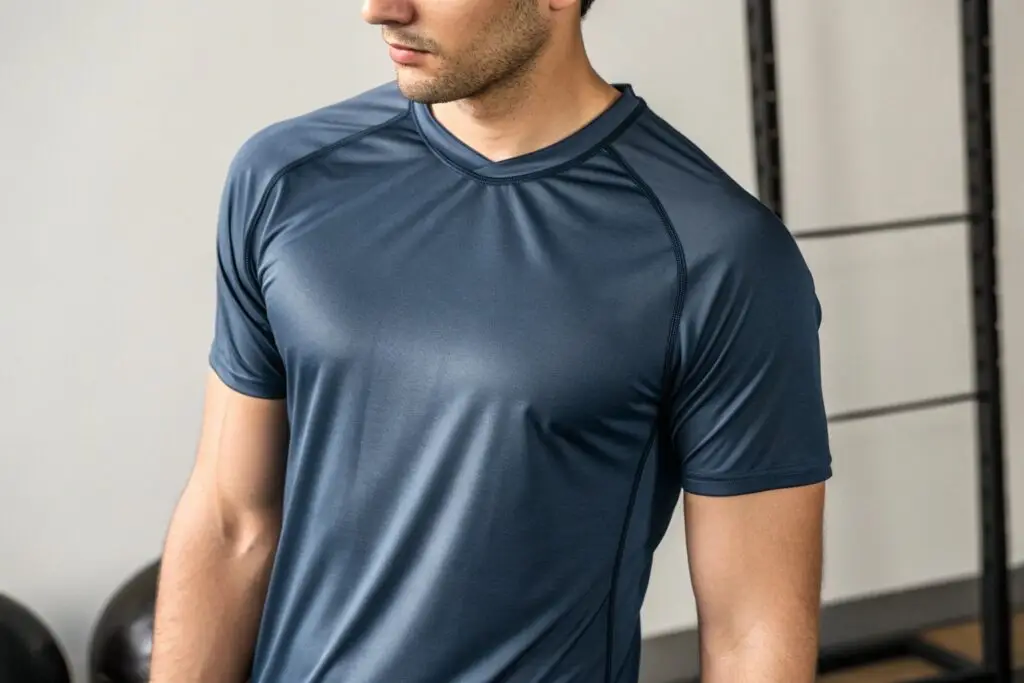 Man wearing a navy polyester sports t-shirt, perfect for athletic activities