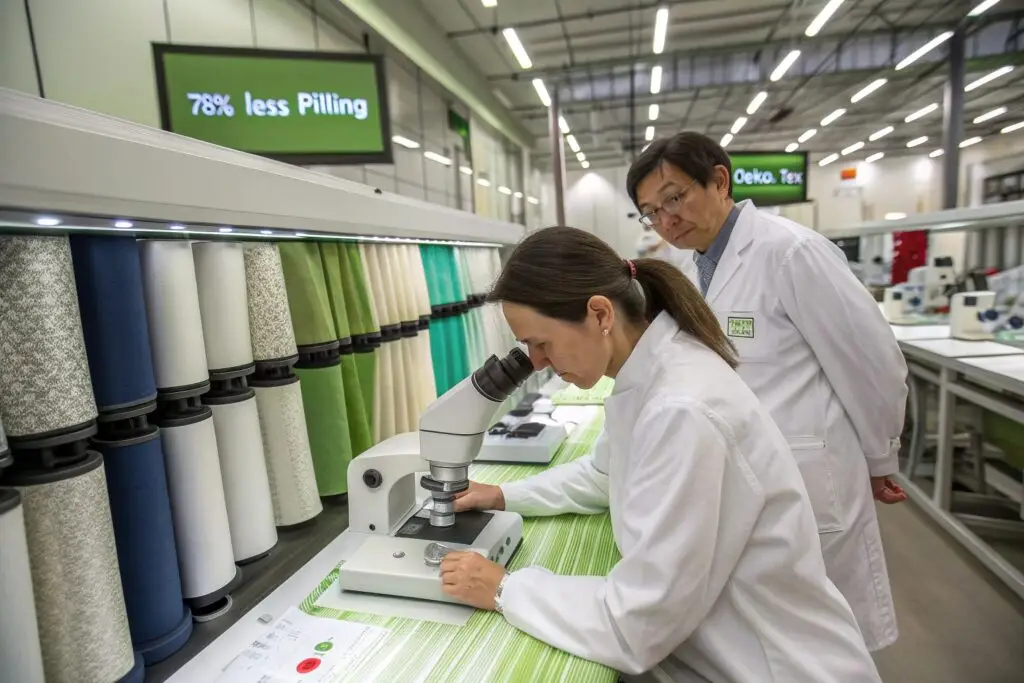 Textile experts conducting fabric quality testing in a laboratory