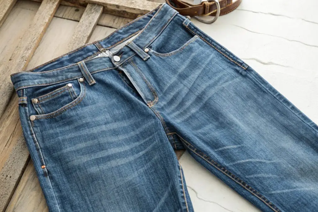 Blue denim jeans with classic design, showcasing natural fading and stitching