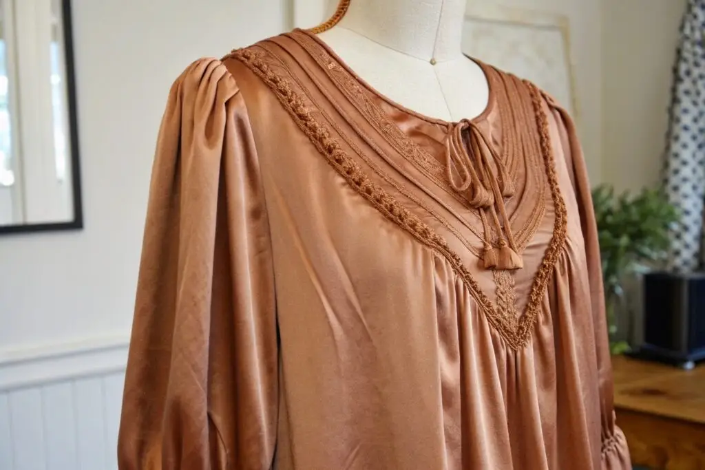 Elegant light brown rayon blouse with delicate detailing, showcasing soft texture and design