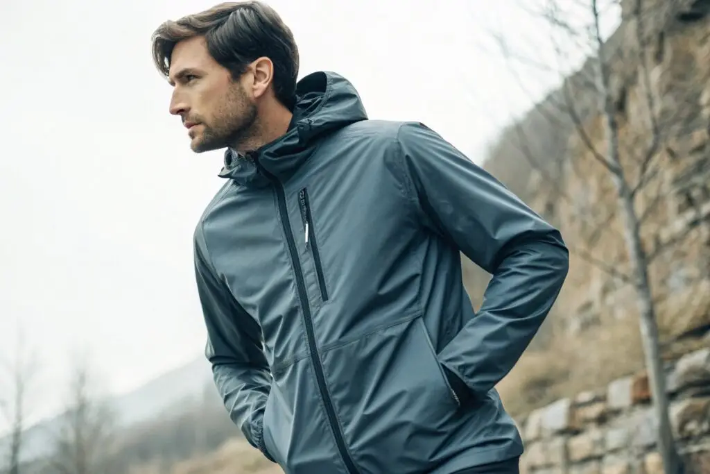 Man wearing a stylish blue nylon jacket, perfect for outdoor activities