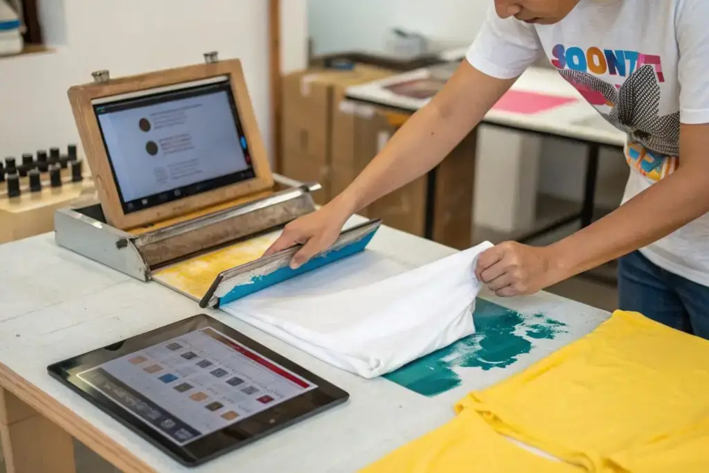 Beginner screen printing enthusiast carefully printing a white t-shirt