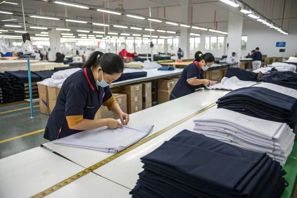 Workers folding and inspecting garments in clothing factory