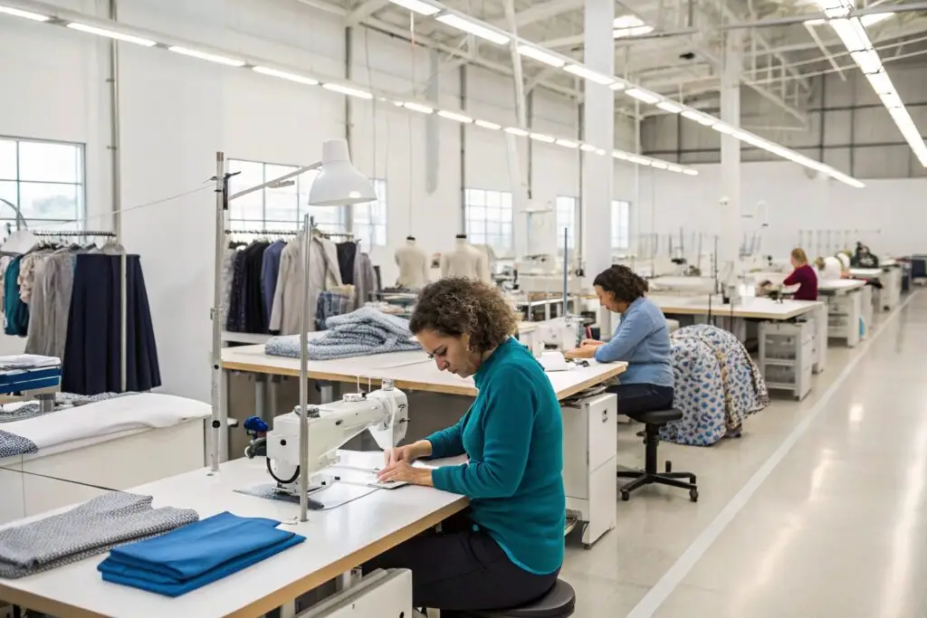 Women sewing garments in bright boutique production studio