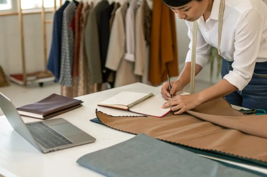 Fashion designer working with fabric samples and sketches