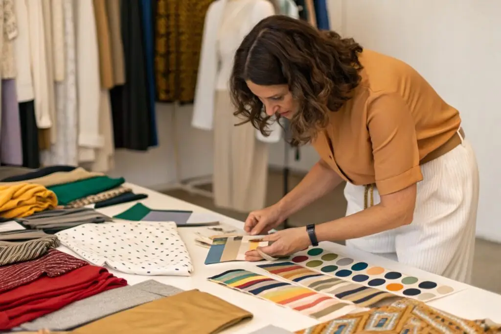 Fashion designer selecting fabric and color samples