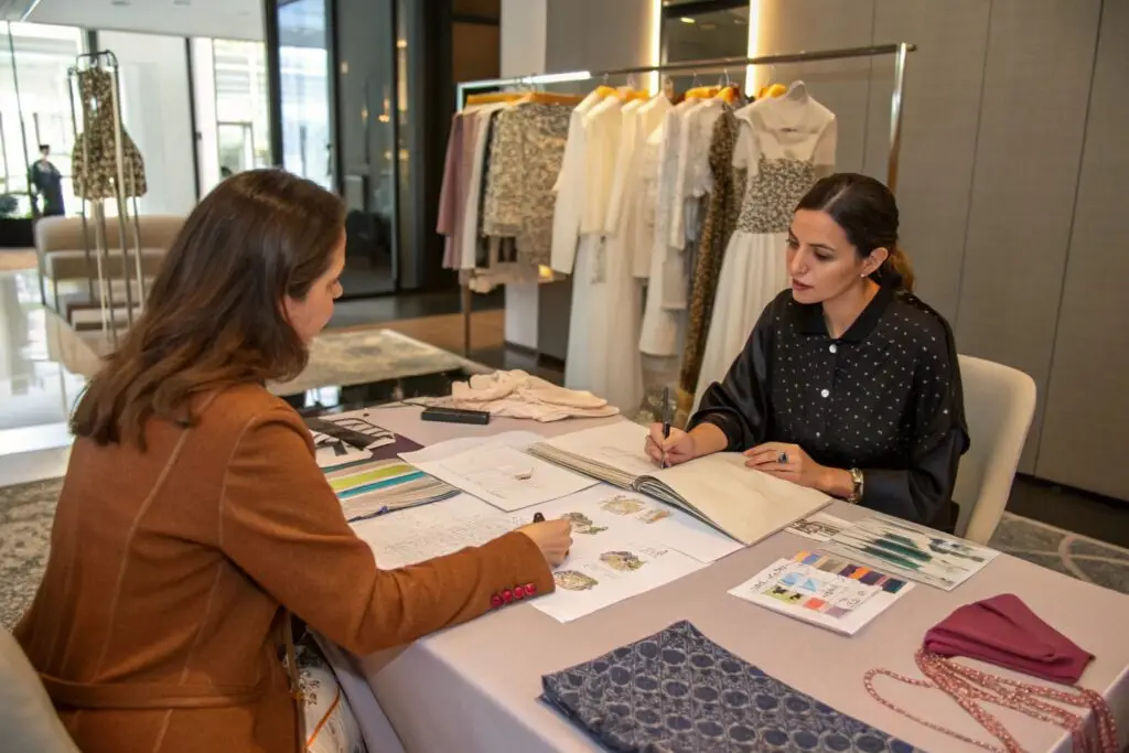 Fashion designers collaborating on a new clothing collection
