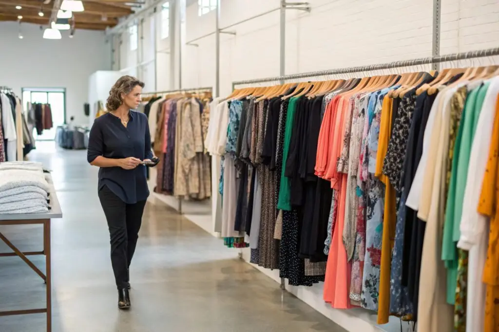 Woman browsing elegant dresses in a boutique