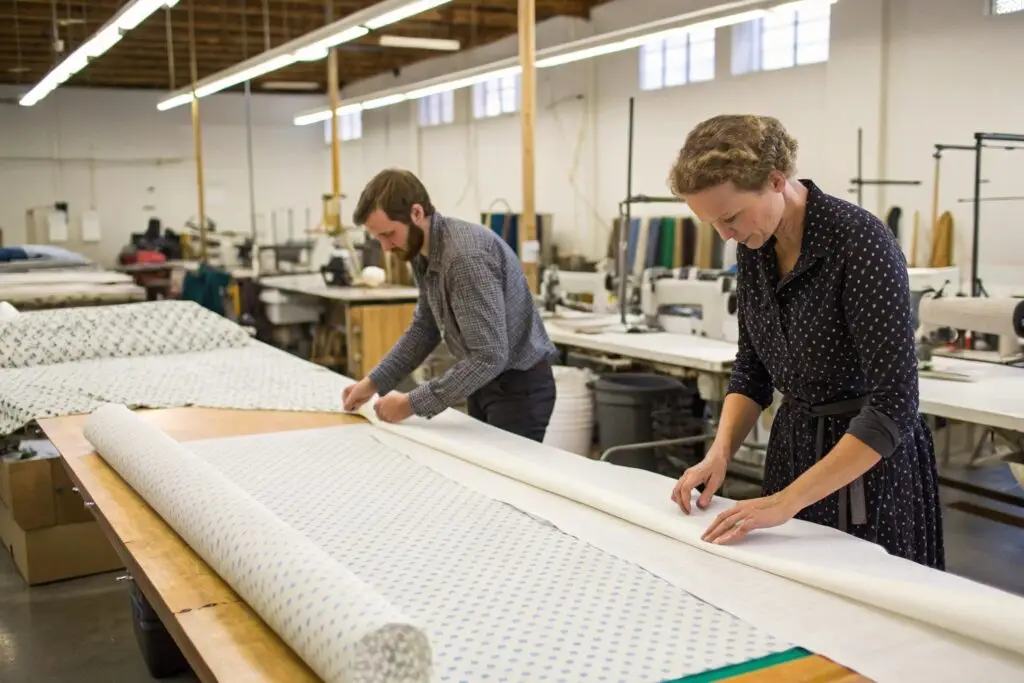 Two workers preparing patterned fabric on cutting table