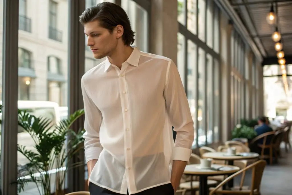 Men's classic white dress shirt with long sleeves, elegant and breathable
