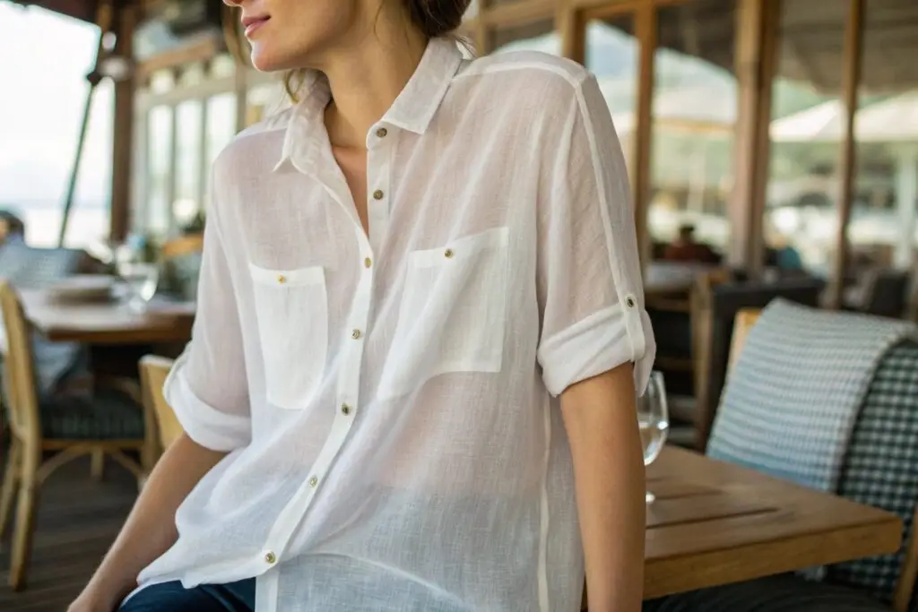 Women's sheer white button-up shirt with rolled sleeves, lightweight and breathable