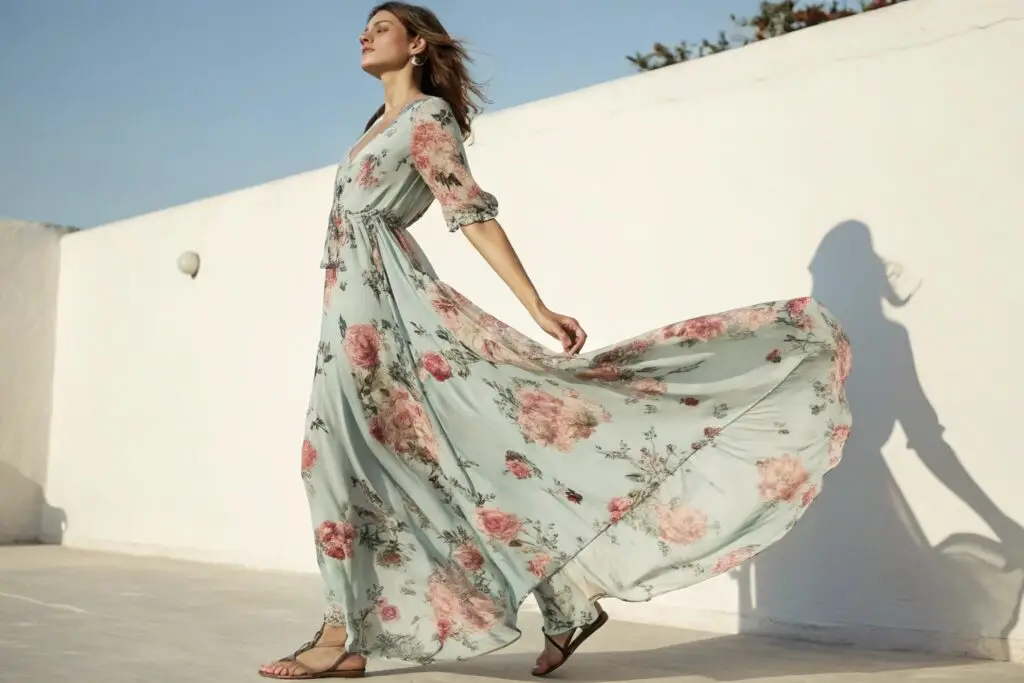 Women's floral chiffon maxi dress with flowing silhouette, perfect for summer