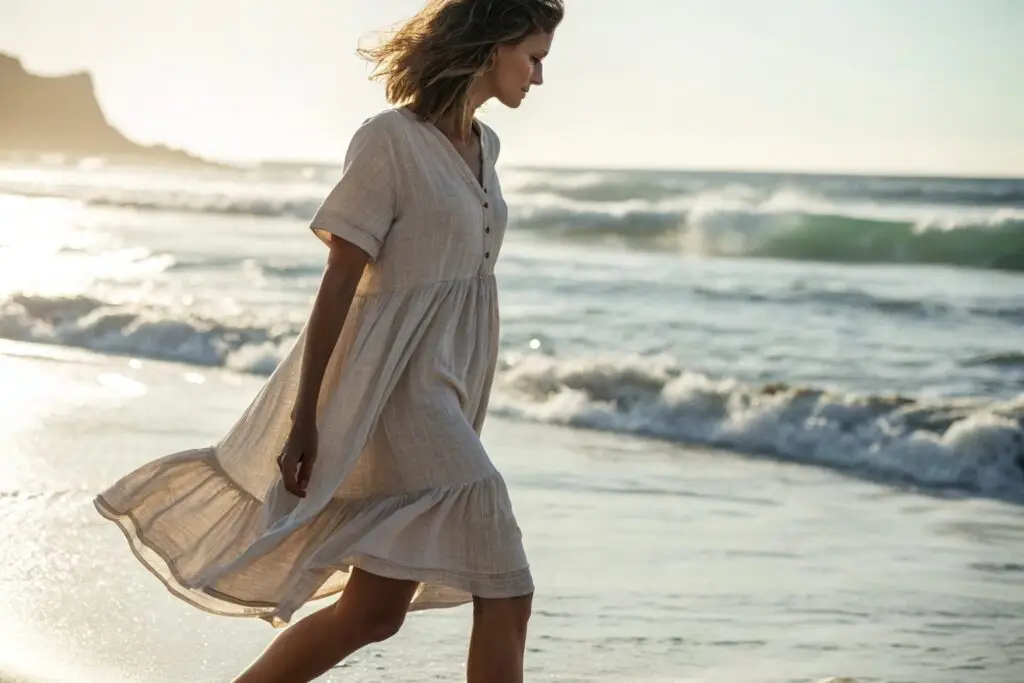 Women's casual beach dress with short sleeves, flowy and lightweight design