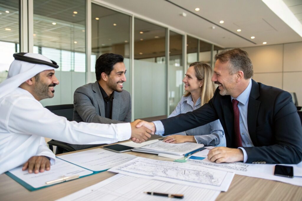 International business meeting, partners shaking hands, successful deal